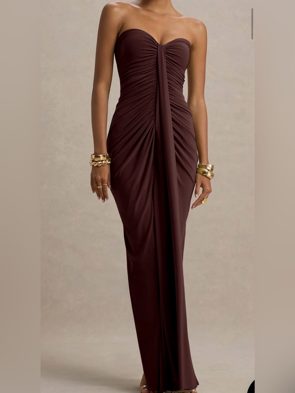 CLUB LONDON - ALI Warm Brown Sweetheart Ruched Wrap Maxi Dress